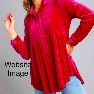 Umgee Velvet Collar Button Down Peplum Tunic Top Raspberry